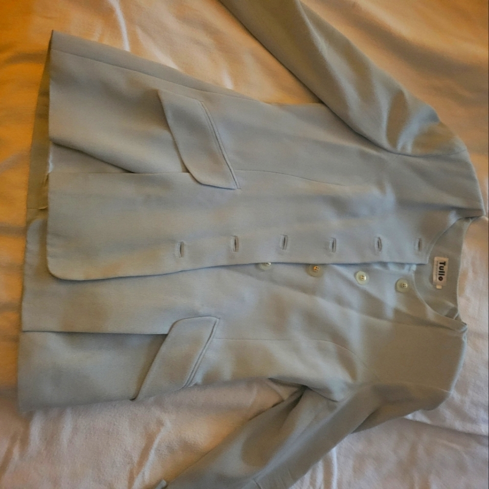 Tullo Mode Soft Blue Skirt Suit, EUR 40/ US 8, Herringbone Pattern